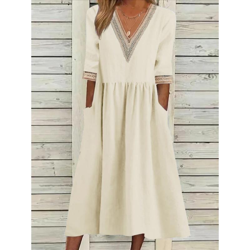 Mote V-hals Stor Størrelse Kort Erm Sommerkjole Kvinner Elegant Løs Kontor Casual A-linje Selskapsblonderkjoler Ensfarget Dame Plissert Hul Bekledning