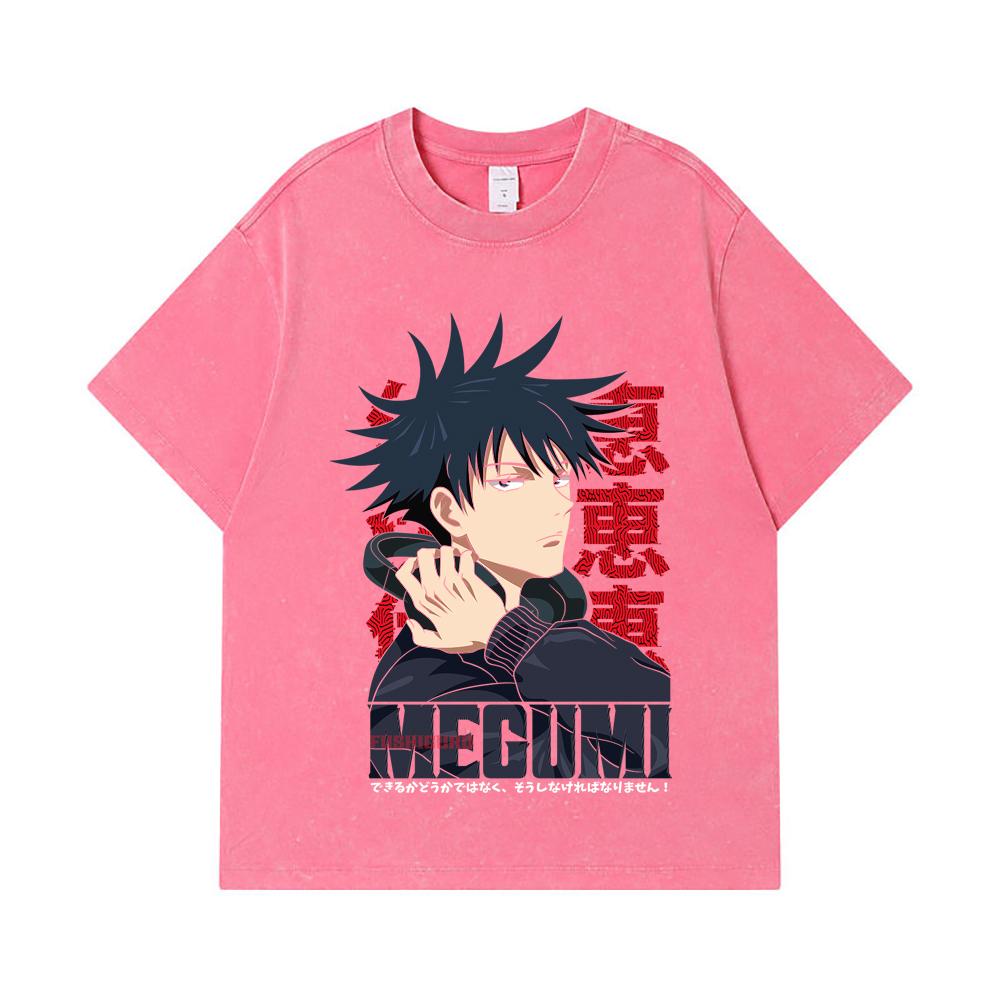 275 GSM Washed T-shirts 100% Cotton Jujutsu Kaisen V38 Megumi Print Unisex Heavy Cotton T Shirt