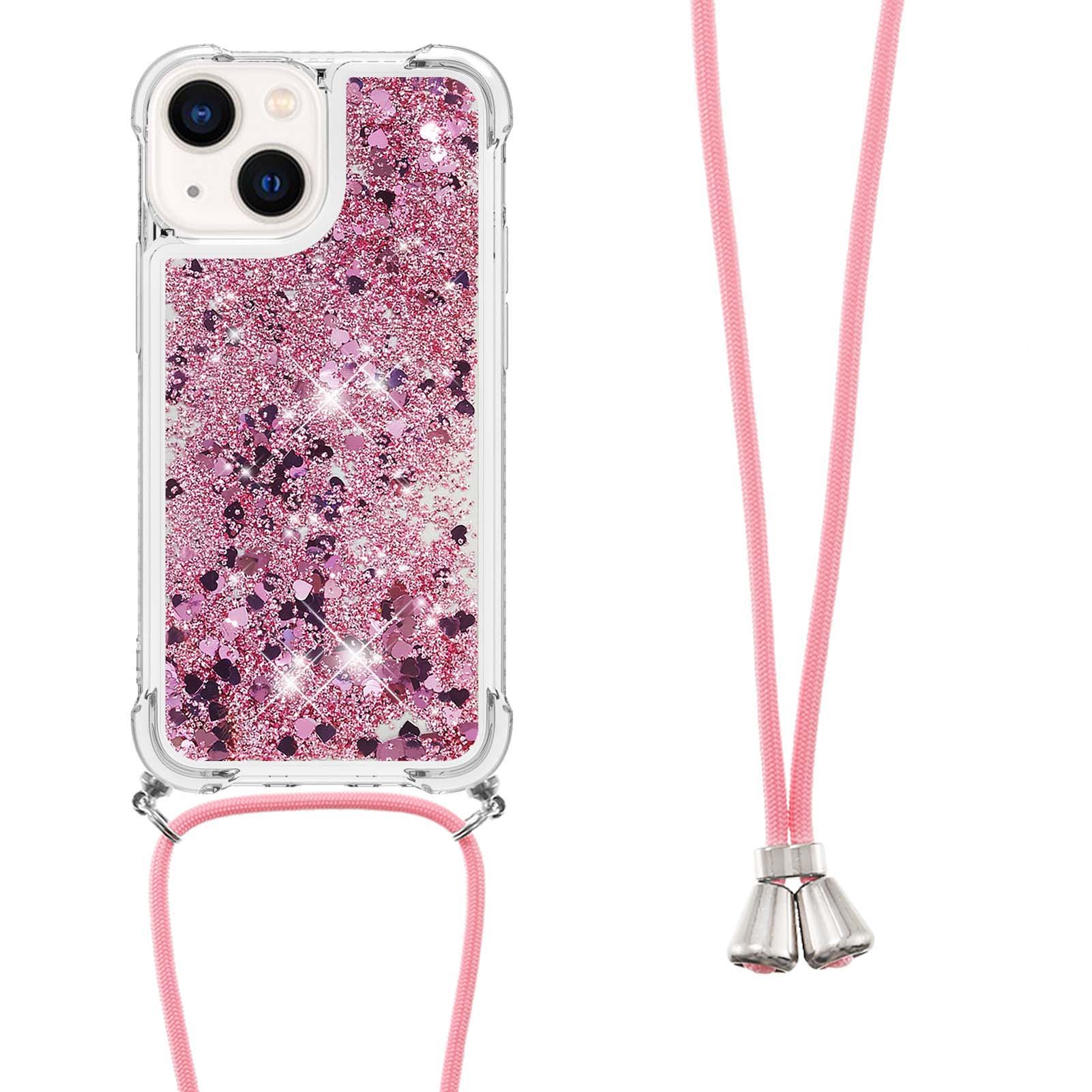 

For iPhone 15 TPU Case Quicksand Design Phone Cover with Lanyard Rose Gold/Hearts