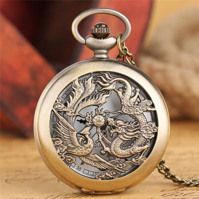 Drachen-Phoenix-Taschenuhr, lässig, Bronze, hohles Gehäuse, Halskette, Anhänger, Quarz, kurze arabische Zahl, rundes Zifferblatt