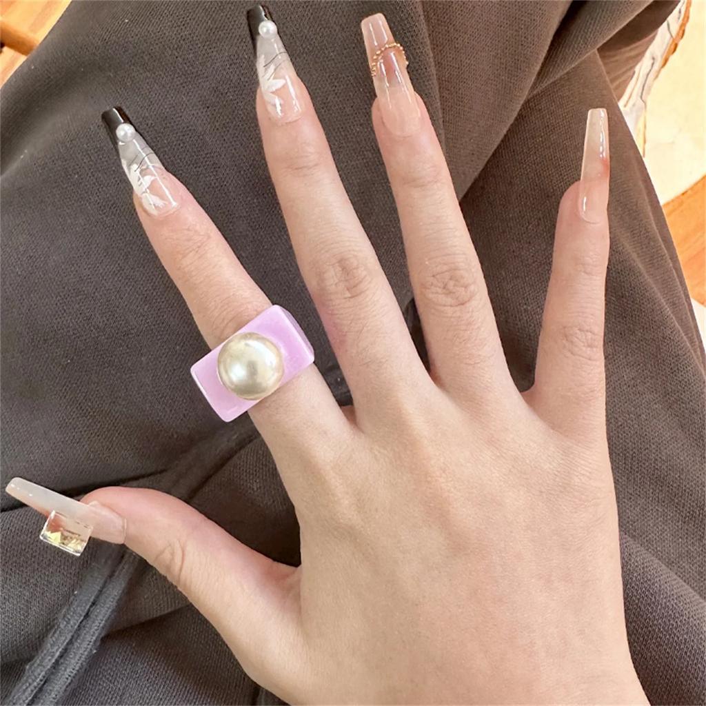 New Punk Ring Gold Color Bead Transparent Resin Acrylic Square Rings For Women Party Friends Gift Trendy Jewelry Hip Hop Rings