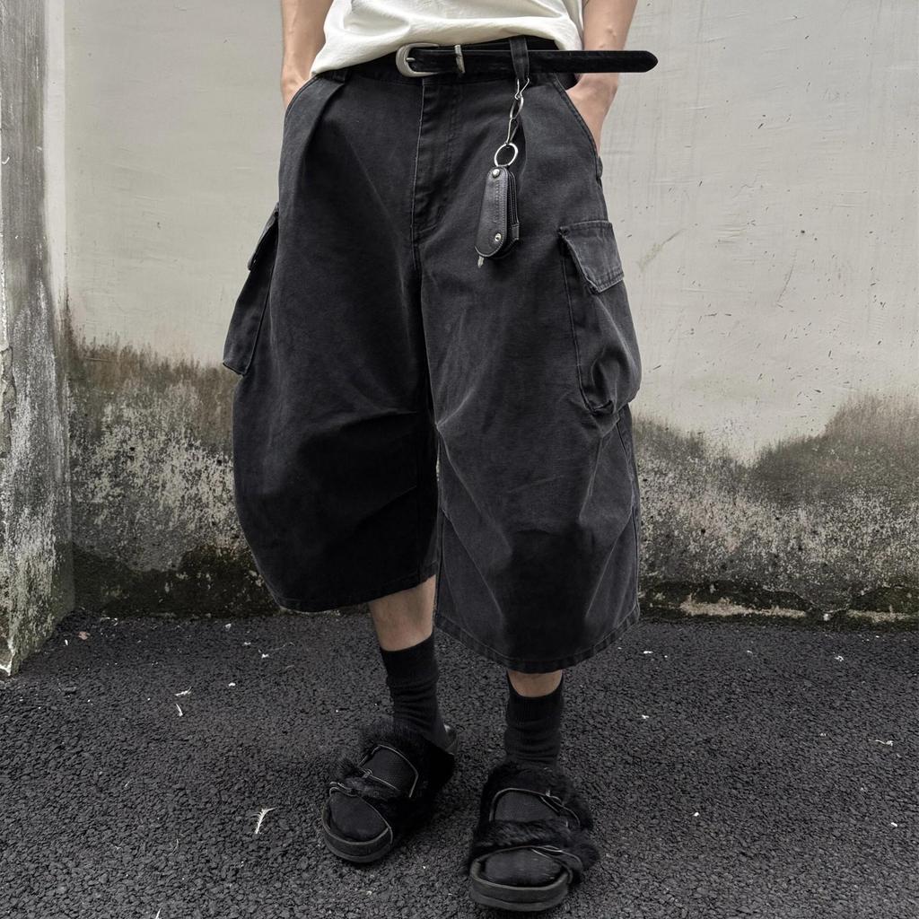 Casual pants versatile men's cropped pants loose black summer street trend wide-leg shorts multi-pocket spot others