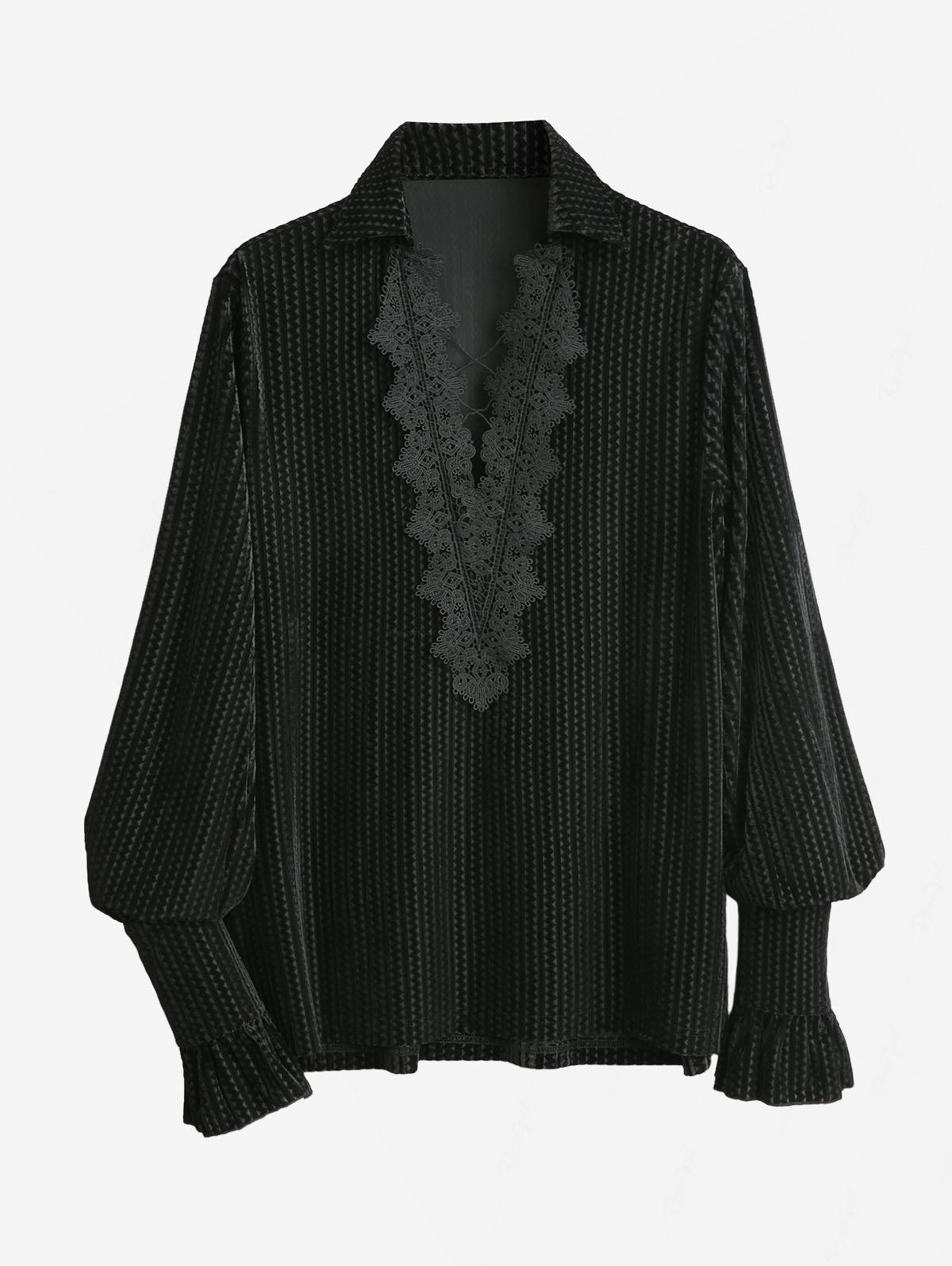 

Rosegal Men Gothic Blouse Zig Zag Striped Applique Lace Up Long Sleeve Turn-down Collar Shirt Top XXL чорний