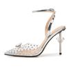 Fashion Pointy Transparent Sandals 2024 New Summer Leather Net Red With A Line With Rhinodrill High Heels Female Stiletto Bun Head
