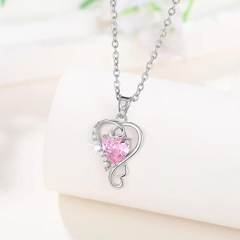 Xiaomi Huitan Temperament Sweet Bridal Wedding Necklace Heart Pink CZ Pendant Luxury Silver Color Aesthetic Love Jewelry for Women