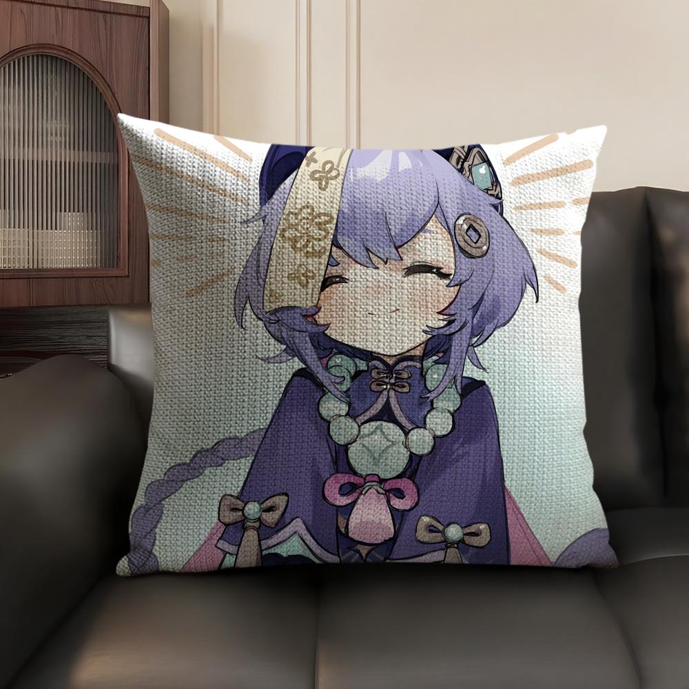 Qiqi Genshin Impact Cute Cushion Cover Natural Linen Organic Fabric DoubleSided Printing Sofa Home Decor Gift Pillow Case
