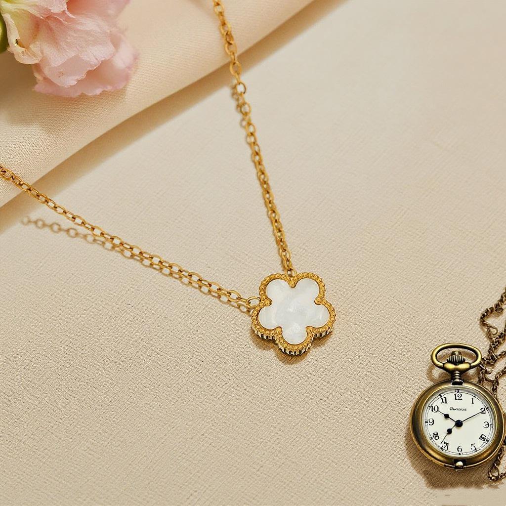 

Five-Leaf Clover Necklace - 13mm Double-Sided Mother-of-Pearl Flower Clavicle Chain, Non-Fading Texture, Short Length.