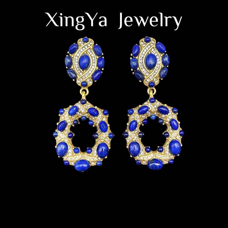 Vintage Heavy Industry Gold Full Set With Elliptical Lapis Stone Elegant Earrings 925 Silver Needle