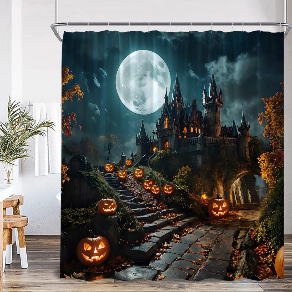 Haunted House Halloween Shower Curtain Full Moon Night Graveyard Pumpkin Lantern Gothic Castle Bathroom Decor Retro Bath Curtain