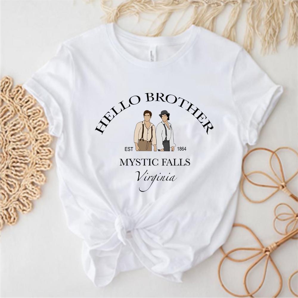 Vintage Hello Brother Tshirt Vampire Diaries Shirt Salvatore T-Shirt TV Show Tee Mystic Falls Virginia Tops Tvd Gifts