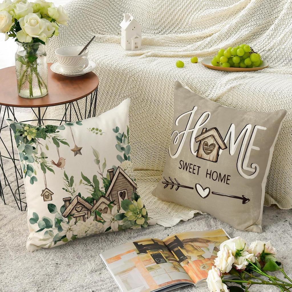 AVOIN Colorlife Sweet Home Family Is Everything Spring Floral Throw Pillow Covers, 18 X 18 Inch Seasonal Eucalyptus Flowers Cushion Case Decoration