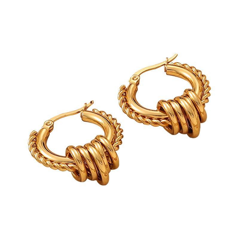 Stainless Steel Gold Color Hoop Earrings Retro Geometric Twisted Beaded C Shape Earring Jewelry For Women Daily Party Decor