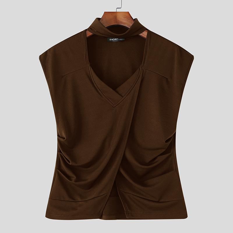 

INCERUN Summer Men Short Sleeve Cutout Front Cross Splits Casual Slim T-shirts 4XL коричневый