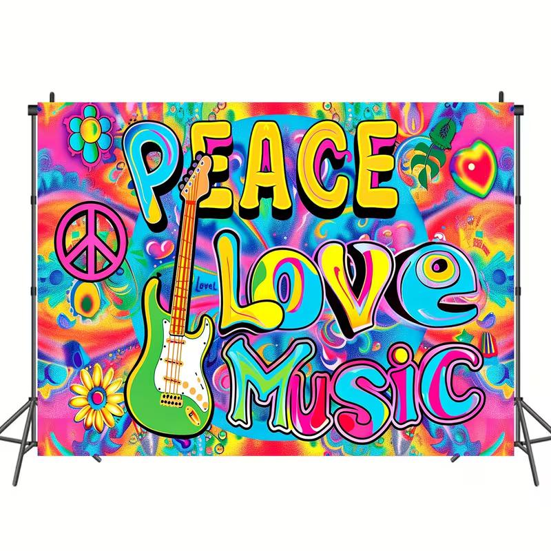 Retro Hippie Peace Sign & Guitar Tapestry, Vibrant Psychedelic Wall Art for Home & Party