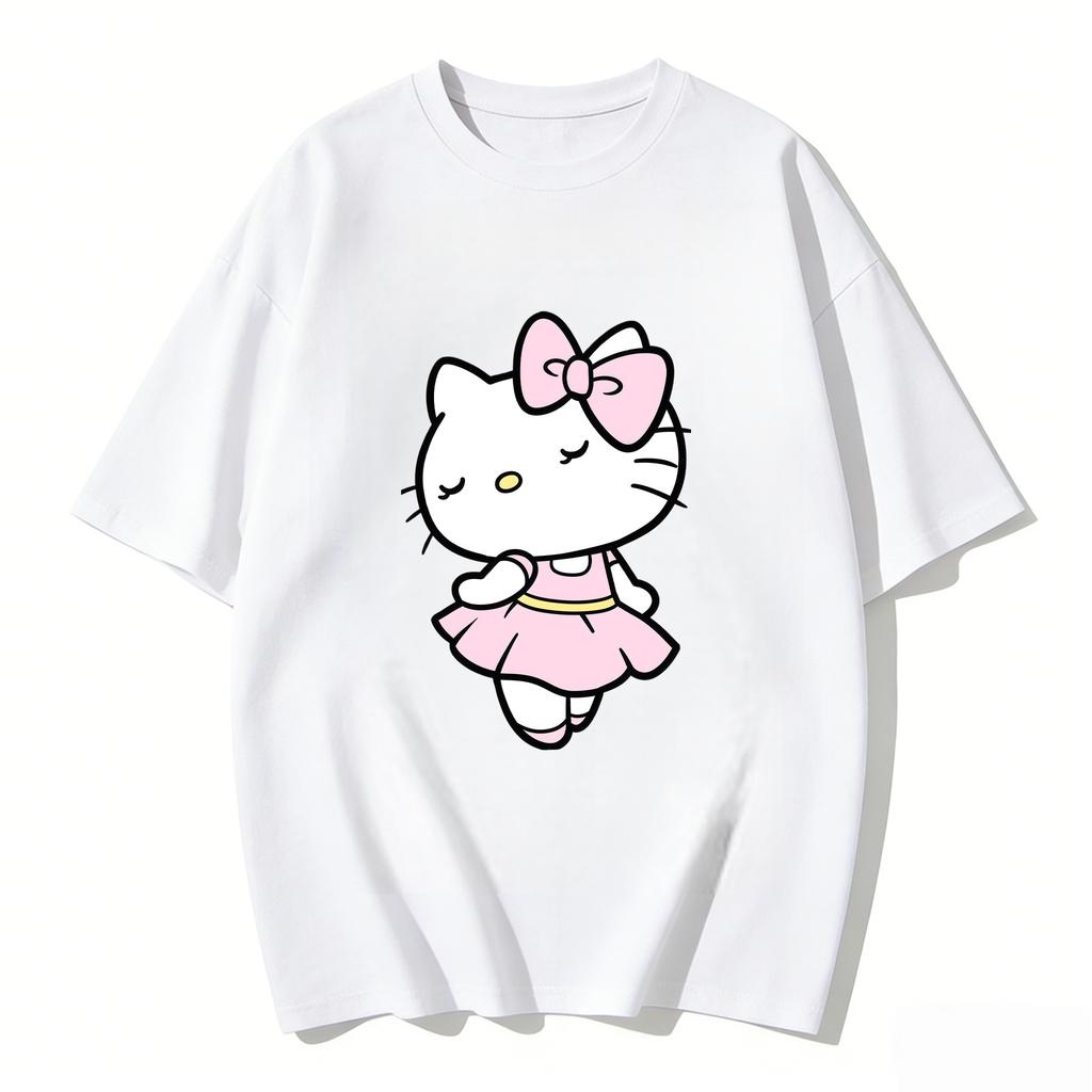 2026 Summer New Arrival Kawaii Hello Kitty Ballerina Print Couple T Shirts Casual Loose Family Matching Outfits Parentchild Tee