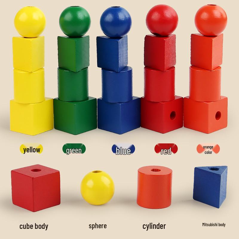 Montessori Wooden Toy: Geometric Shape Beading & Stacking Column for Baby's Focus & Shape Recognition