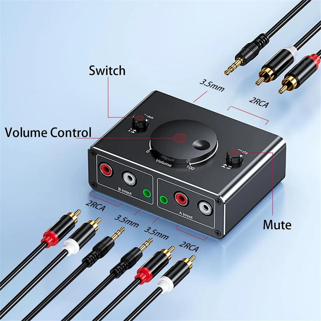 Bi-Directional Audio Switcher 2-Way RCA & 3.5mm Audio Selector,2 Input 1 Output /1 Input 2 Output,Volume Control,Mute Button for PC Speakers Amplifier