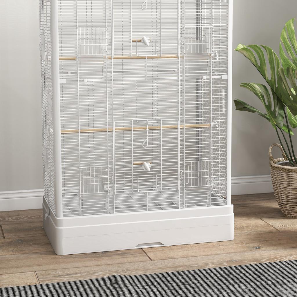 Bird Cage with Removable Tray and Perches, Parrot Aviary, 61x36.5x98 cm, White