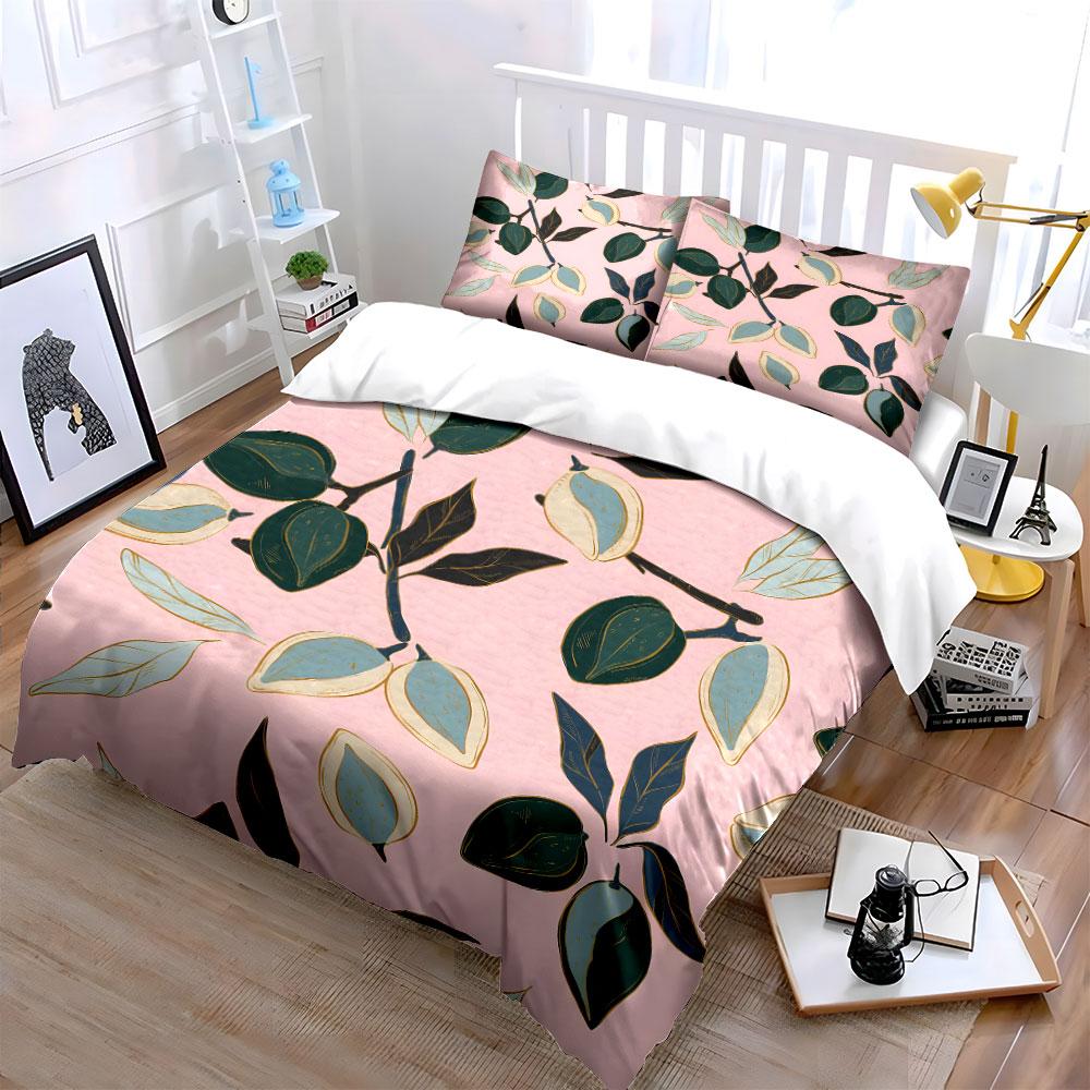 Delicate Hand-drawn Fruits and Leaves Print Bedding Set 1 Duvet Cover 2 Pillowcases for Adult and Children Luxury Gift Full Size