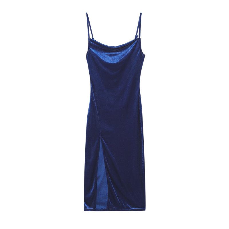 Women's Spring Summer Sexy Velvet Spaghetti Strap Maxi Dress, Slim Fit High Slit Cowl Neck Evening Party Formal Cocktail Gown