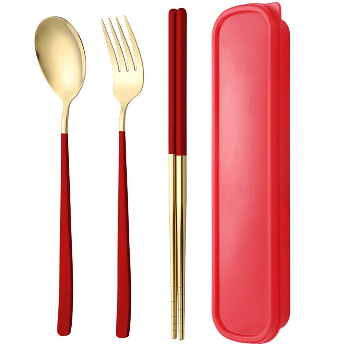 

Набор столовых приборов из 3 предметов из корейского золота: палочки для еды, вилки, ложки, набор столовых приборов с ящиком для хранения, столовые приборы из нержавеющей стали, переносная посуда