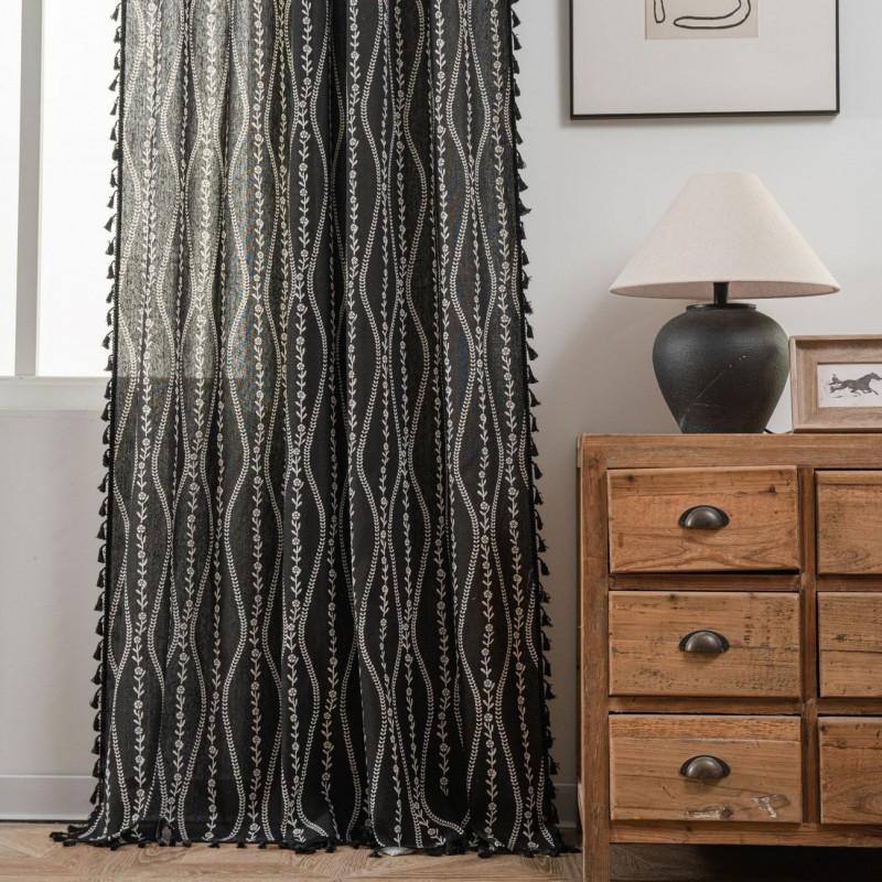 Black Curved Floral Print Cotton Curtain With Tassel Trim Semi-Sheer Living Room Dining Kitchen Bay Window