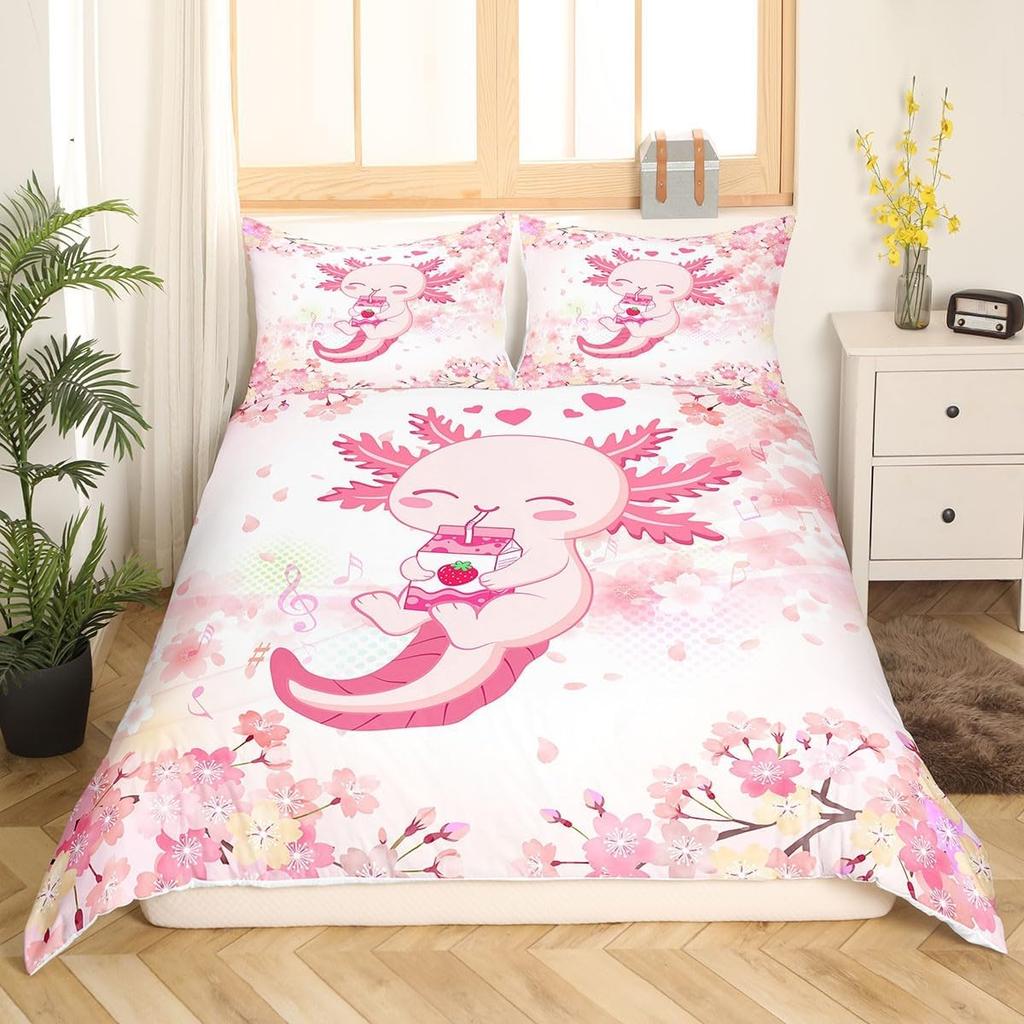Cute Axolotl Duvet Cover Set Double Size Pink Flowers Green Grass Bedding Set With 2 Pillowcases Kawaii Animal