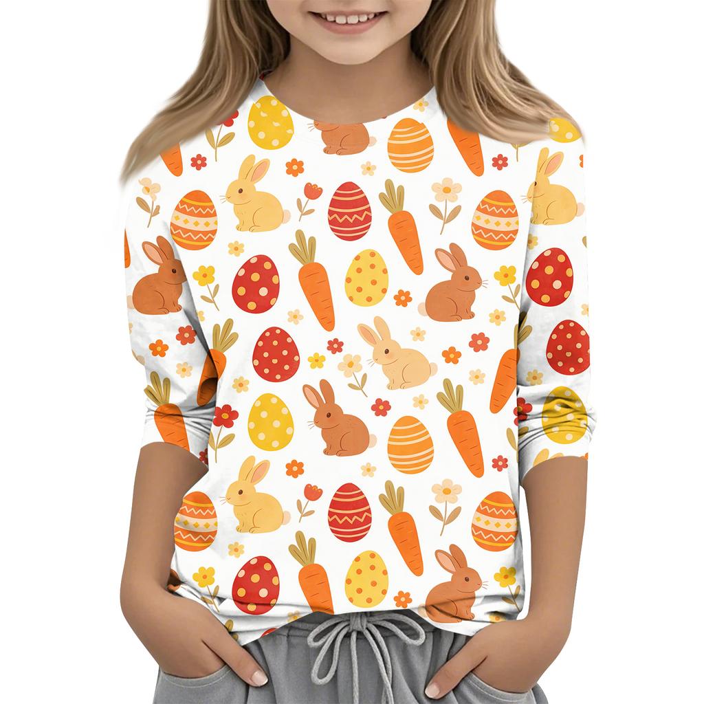 Haut décontracté pour enfants à manches sept-quarts, imprimé Pâques, col rond, imprimé
