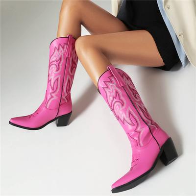 FOREADA Women Mid Calf Cowboy Boots Square Toe Thick High Heels Embroidery Western Cowgirl Boots Ladies Fashion Shoes Winter 46