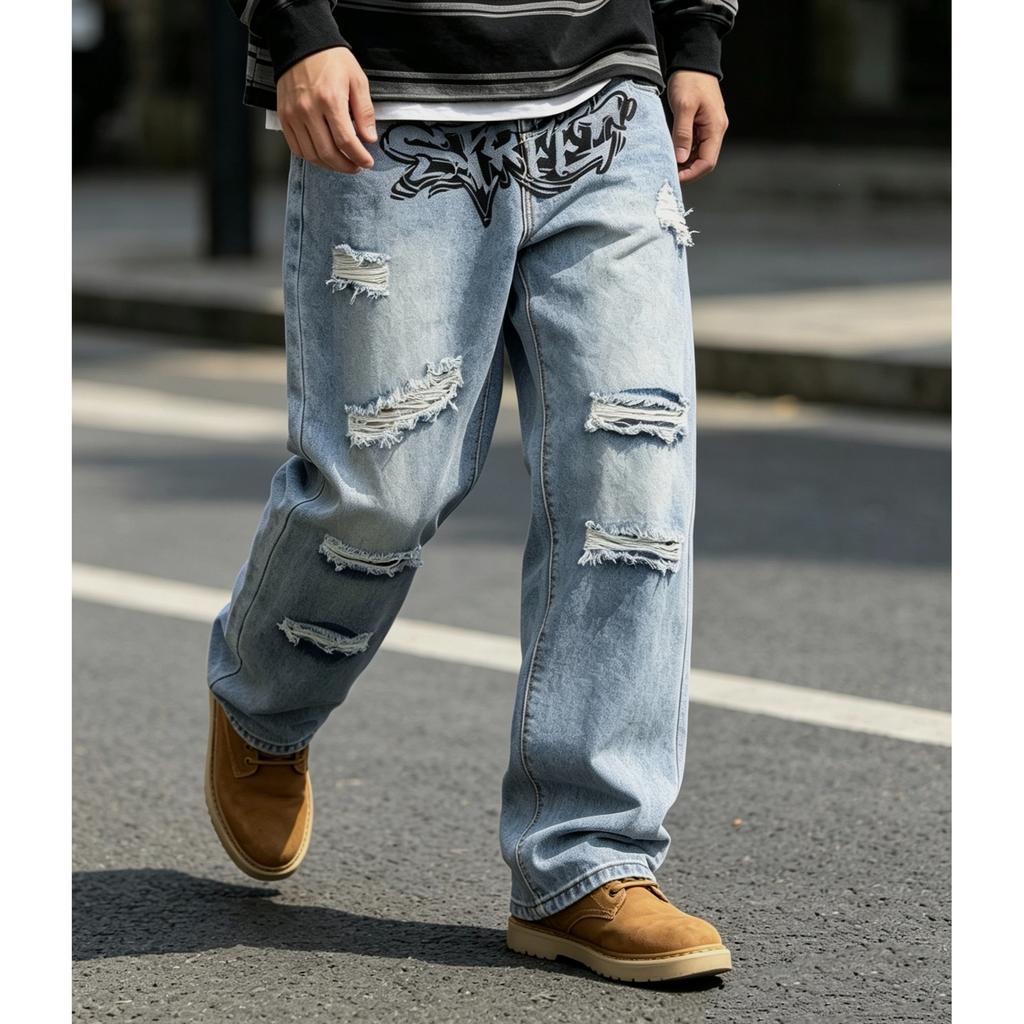 American street hip hop men's clothing graffiti letter printing ripped jeans men's loose straight trendy wide-leg trousers