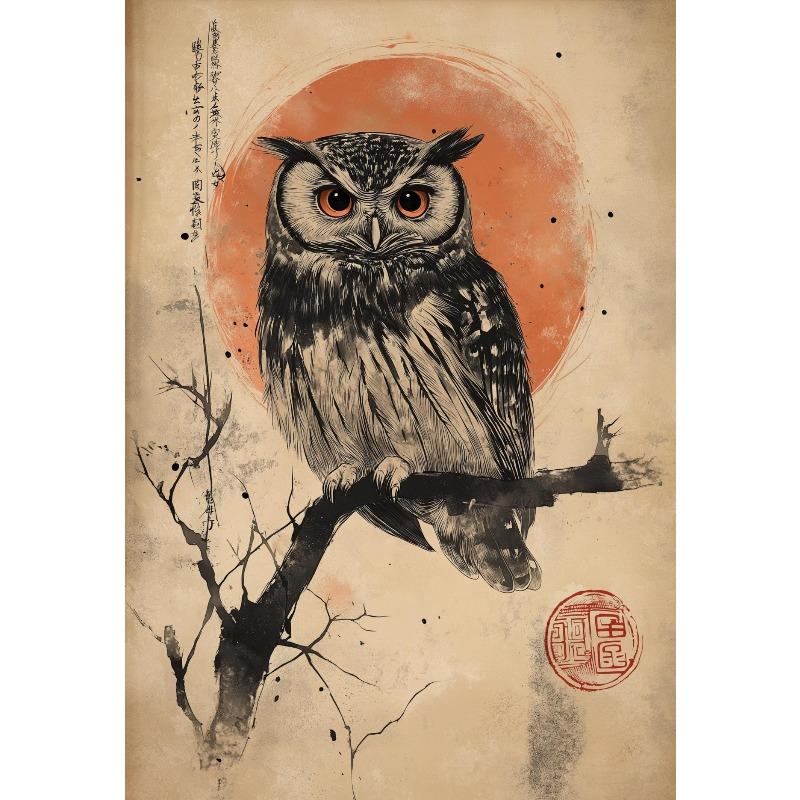 Vintage Japanische Tiere Poster Eule Kran Vogel Affe Faultier Fisch Leinwandbild Wandkunst Bild für Wohnzimmer Heimdekoration 21X30CMNo Framed black