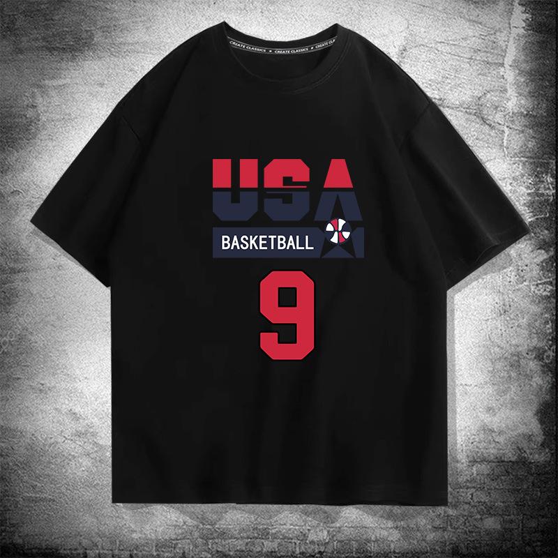 US National Team Basketball No. 9 Cotton Short-sleeved T-shirt Men's and Women's Summer Tide Brand Loose Shoulder Half-sleeved Top