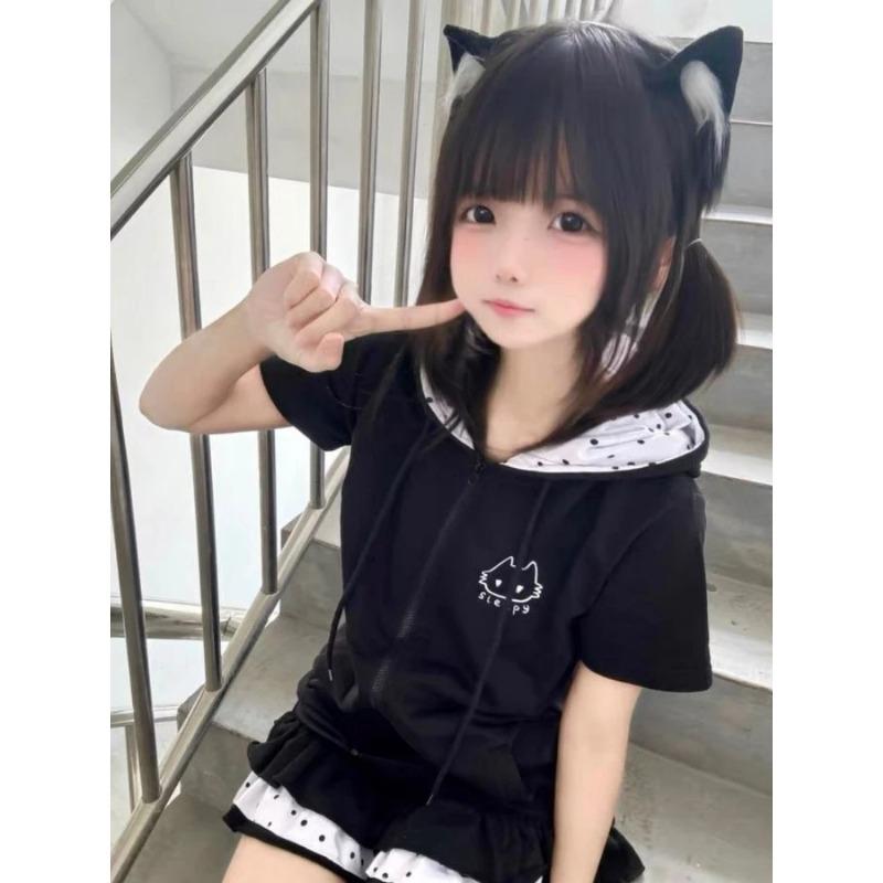 Y2k Kawaii Süße T-Shirts Damen Japanischer Stil Harajuku Patchwork Design Katzenaufdruck Locker T-Shirts Tops Soft Girl Sommer 2026