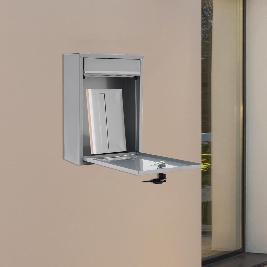 Stříbrná nástěnná schránka se zabezpečením proti krádeži, Bezpečné vhazovací štěrbiny s klíčovým zámkem, Kovová schránka odolná proti korozi pro domácnost a kancelář