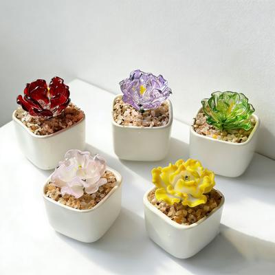 Yousheng Handgemachte Mini-Glasblumenfigur Niedliches Handgeblasenes Kleines Kunstkristall-Blumenstrauß im Topf Geschenk für Muttertag Geburtstag Weihnachten DIY