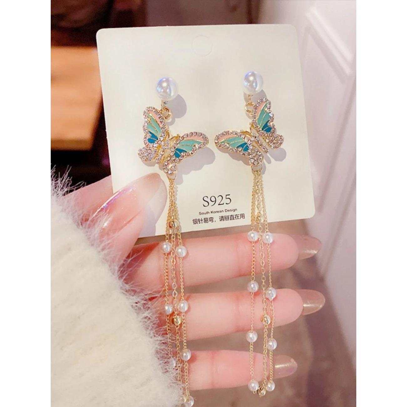 

2 стильных, милых, длинных женских серьги-бабочки из жемчуга, подходящие для вечеринок