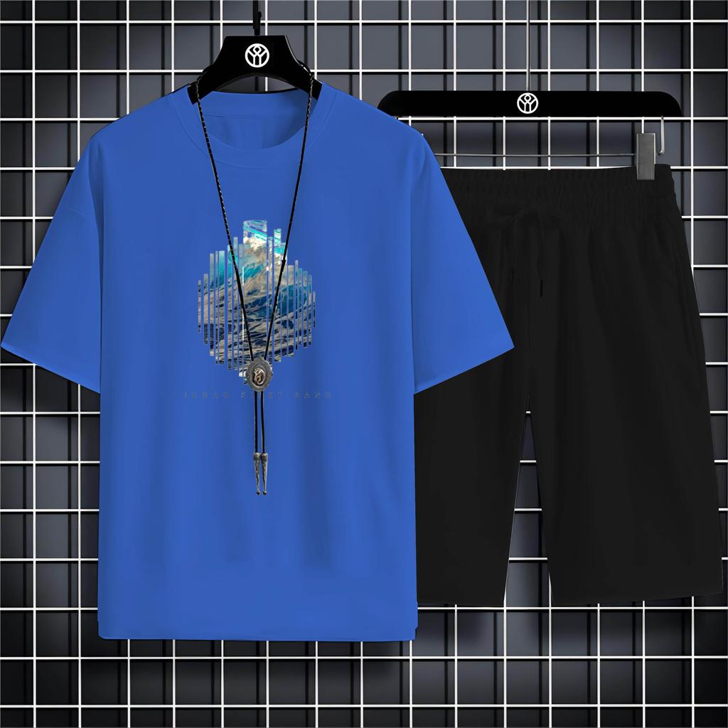 Fashion Four Seasons Casual Sports Style 2d Letter Print Adult Men'S Round Neck Loose Short Sleeve T-Shirt Trouser Set Quick Dry