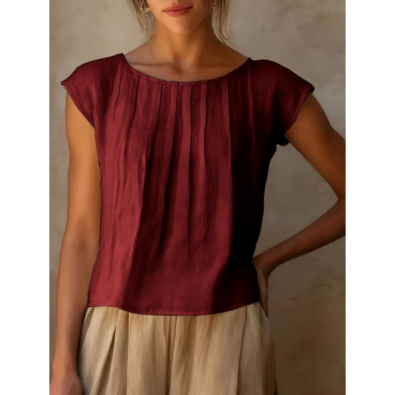 Blusa da Donna in Lino con Scollo Rotondo, Parte Anteriore Pieghettata, Maniche Corte, Taglio Ampio Casual