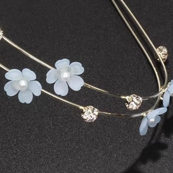 Fe Pige Hårbånd Dobbeltlags Design Hårbøjle med Blå Hvide Blomster Imitationsperler Rhinsten Bryllupper Fester Dating Hårpynt