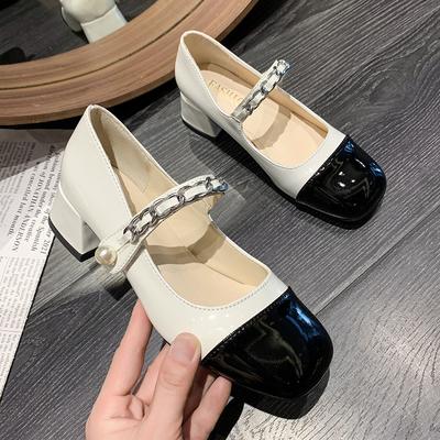 Fashion Shallow Mouth Round Toe Retro Woman Shoes  New Block Heels Mary Jane Shoes Classic Black White Color Matching Women's Pumps
