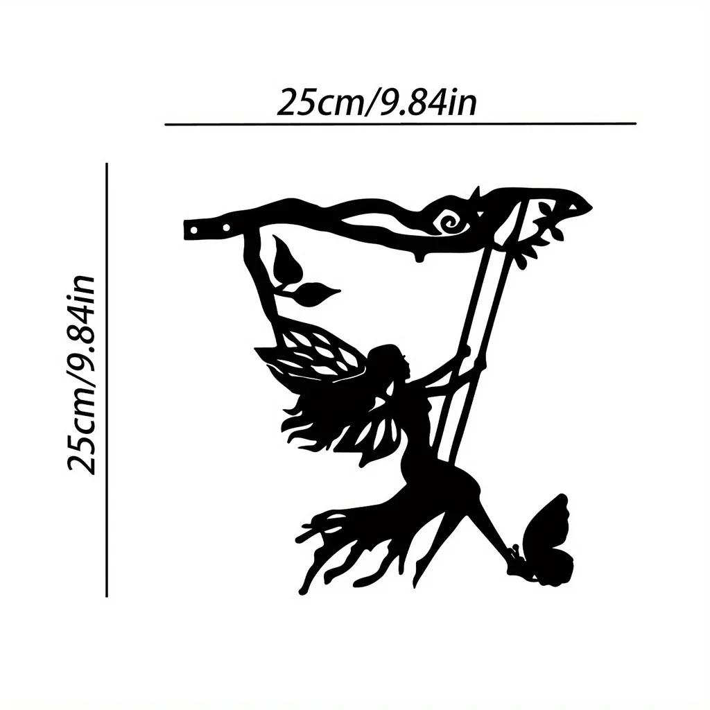 1pc Metal Swing Elf On Branch - Whimsical Steel Silhouette Wall Art & Garden Stake | Outdoor Patio, Yard, Home Decor