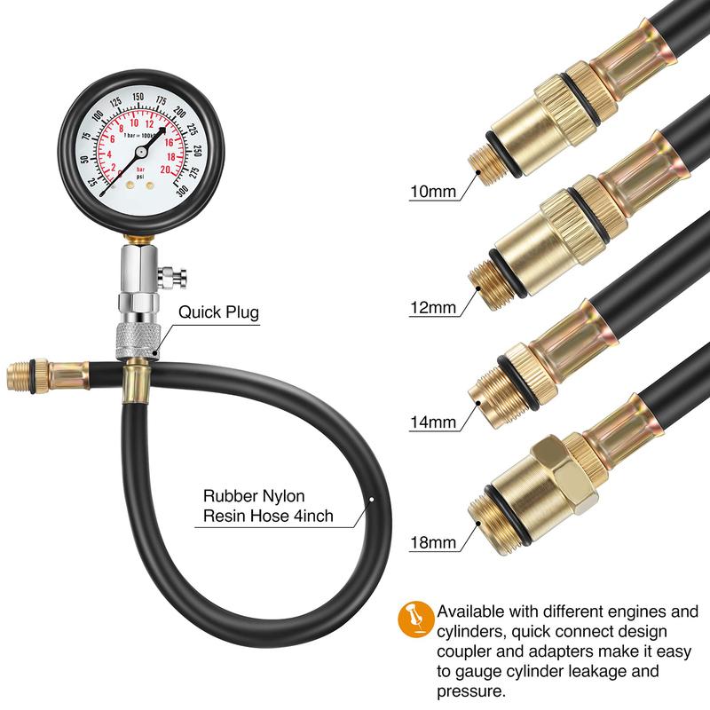 Engine Compression Meter with M10 M12 M14 M18 Adapter 0-300 PSI Pressure Gauge Automotive Cylinder Tester Kit