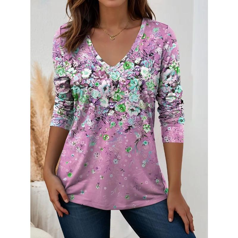Women's T-Shirts Floral Graphic Plants Elegant Trendy Tees V-Neck Long Sleeve T-shirts Regular Tops Women's Pullover Fall Winter