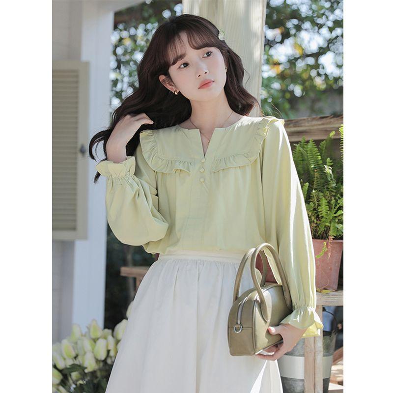 Small Fresh Long-sleeved Shirt for Women New Design with Ruffled Top Sweet and Loose