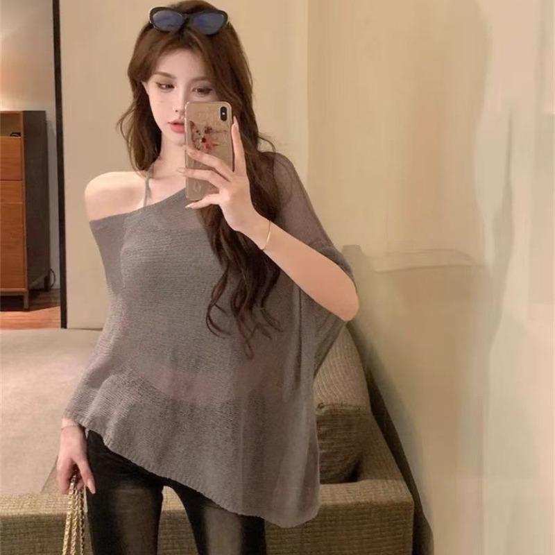 Irregular Loose Fit Knitwaer Off Shoulder Cape Blouse Casual  Cover Up Solid Color Knitted Blouses Sheer Knit Poncho Top Elegant Layering Clothing