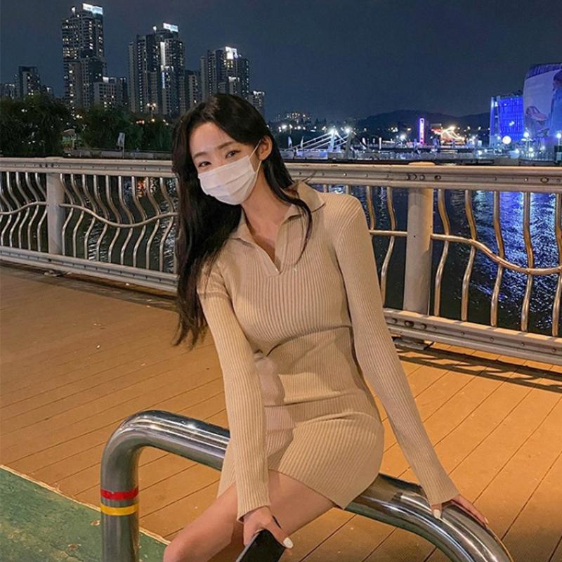 Autumn New Polo Collar Long Sleeve Women Knitted Dress Vintage Elegant Slim Fit Winter Base Sweater Dresses Women Casual High Waist Black Dress 25967