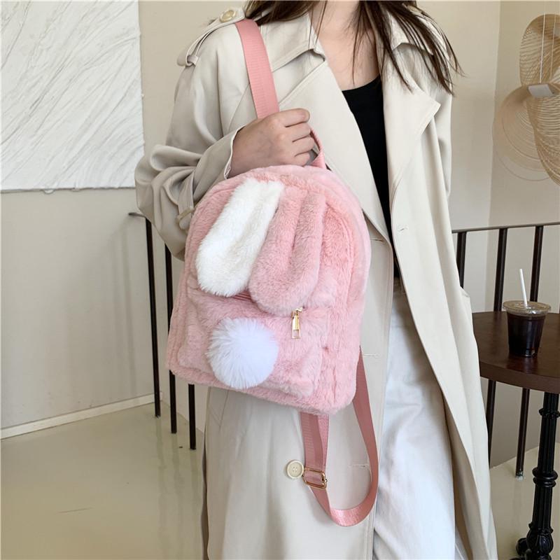 2025 Cute Rabbit Ears Backpack: Japanese & Korean Harajuku Style, Large Capacity, Fuzzy Crossbody Bag for Girls