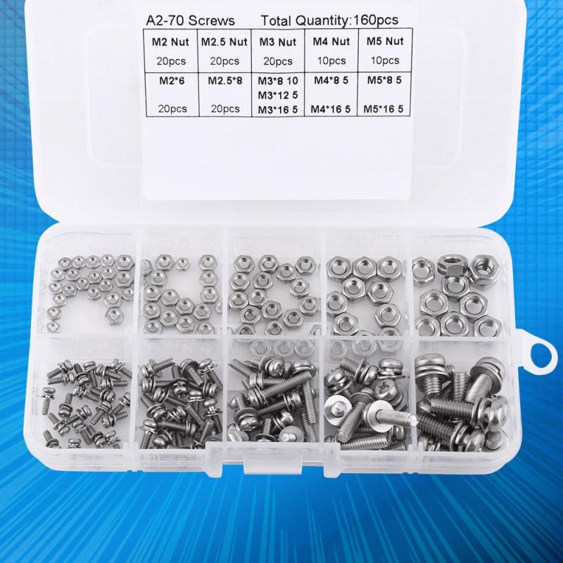 Akozon Screws Stainless Steel SS304 Pan Head Screws Nuts Assortment Kit M2 M2.5 M3 M4 M5 160pcs