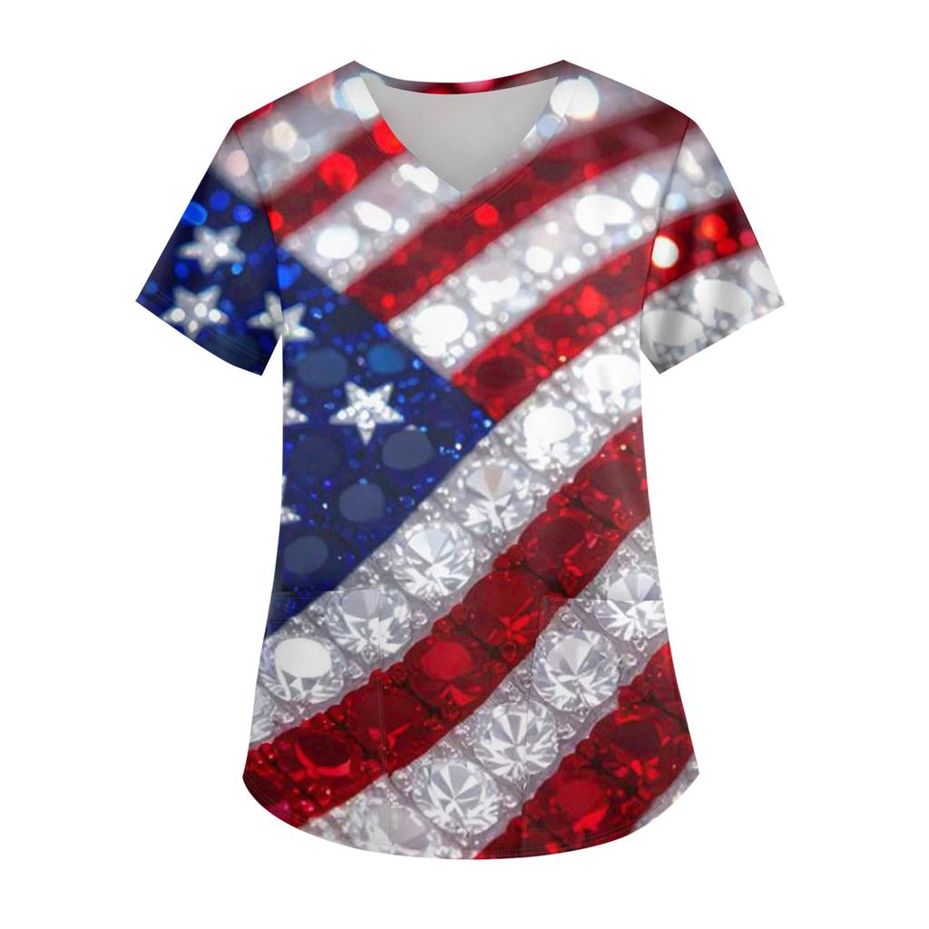 Ladies' Independence Day printed fashionable V-neck pocket short sleeved uniform and caregiver top