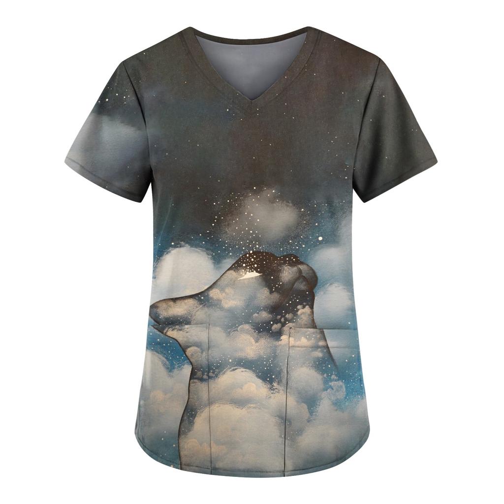 Women Printing Short Sleeve V-neck Tops Working Uniform Pocket Blouse